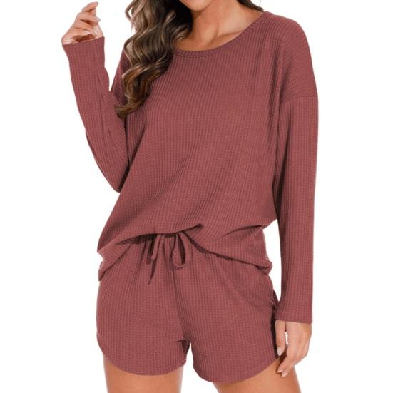Damen Waffelstrick Pyjama Set Lässiges Langarm Oberteil und Shorts Nachtwäsche 2-teiliges Pjs Lounge Set mit Taschen