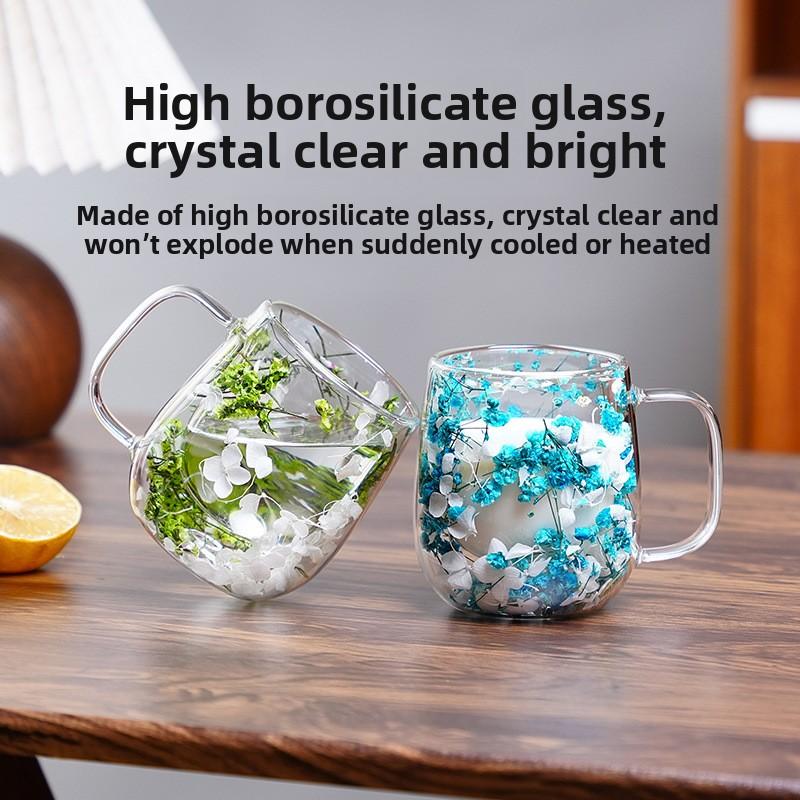 Dried Flower Mug Double Layer High Borosilicate Glass Mug Coffee Mugs Funny Cups Unusual Cup Coffeeware Teaware Drinkware Luxury