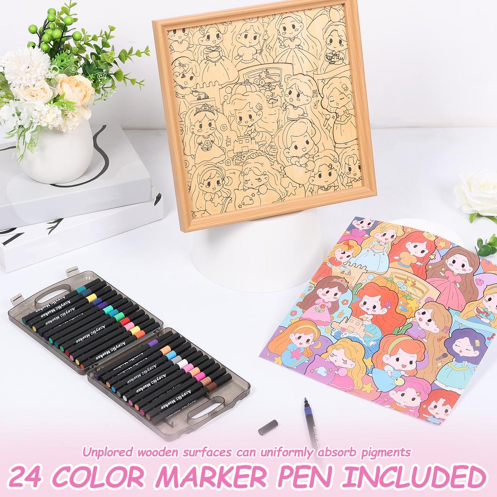 Creative Coloring Puzzle Princess/Cat Puzzle Wooden Princess Puzzle Frame DIY Set with 24 Color Marker Pens for Home Decoration