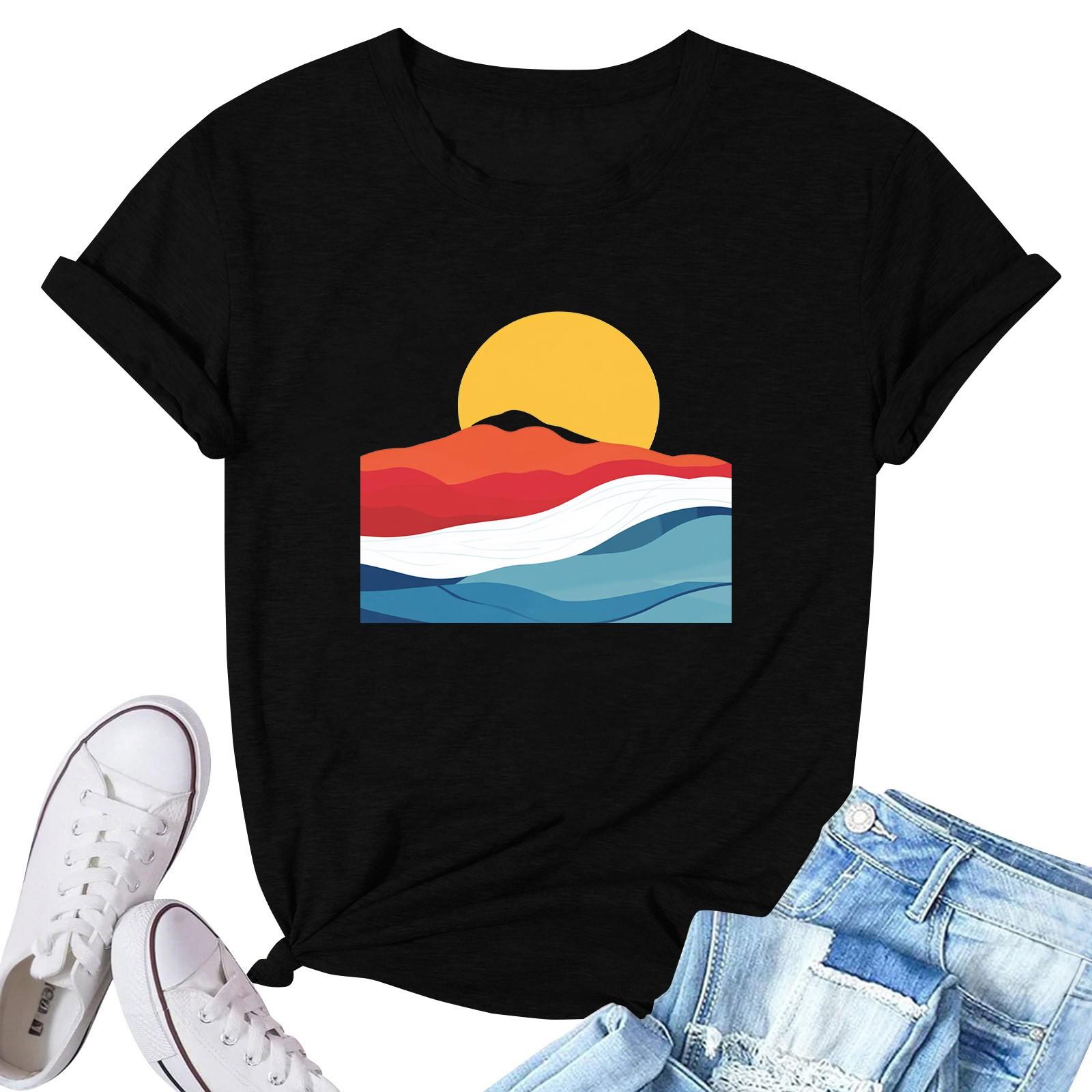 

Women s Fashion Printed Casual Pleated Round Short Sleeve T-Shirt Top XXL чёрный