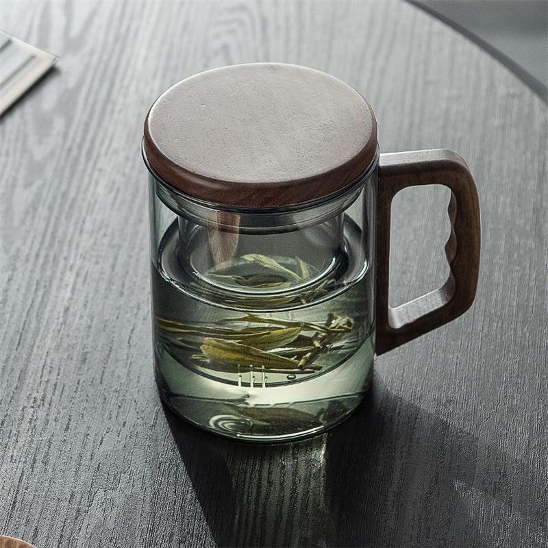 400ml Walnoot Houten Handvat Glazen Theekop Met Thee-infuser Filter Bloemthee Water Scheiding Geurige Thee Mok Drinkgerei