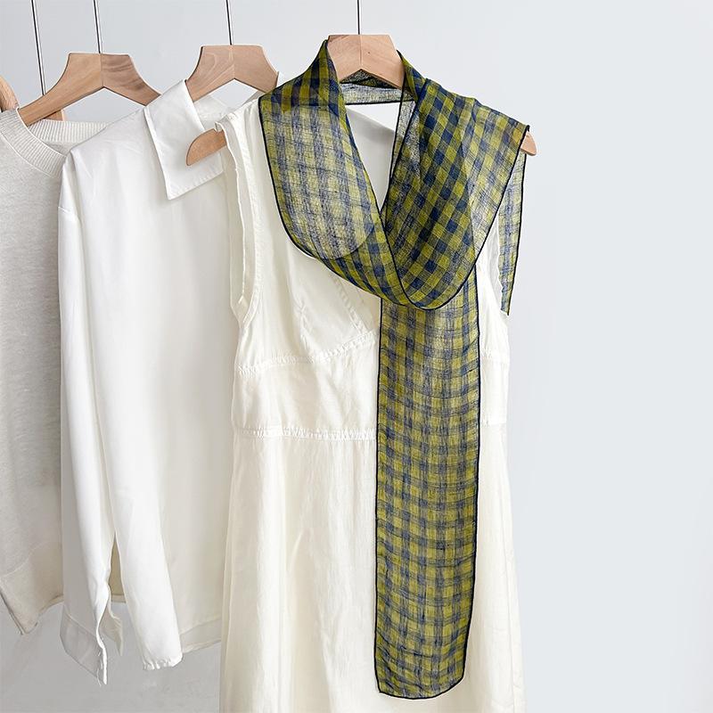 Retro literary striped linen small silk scarf women s Korean versatile fashion niche scarf thin ribbon neck scarf 185