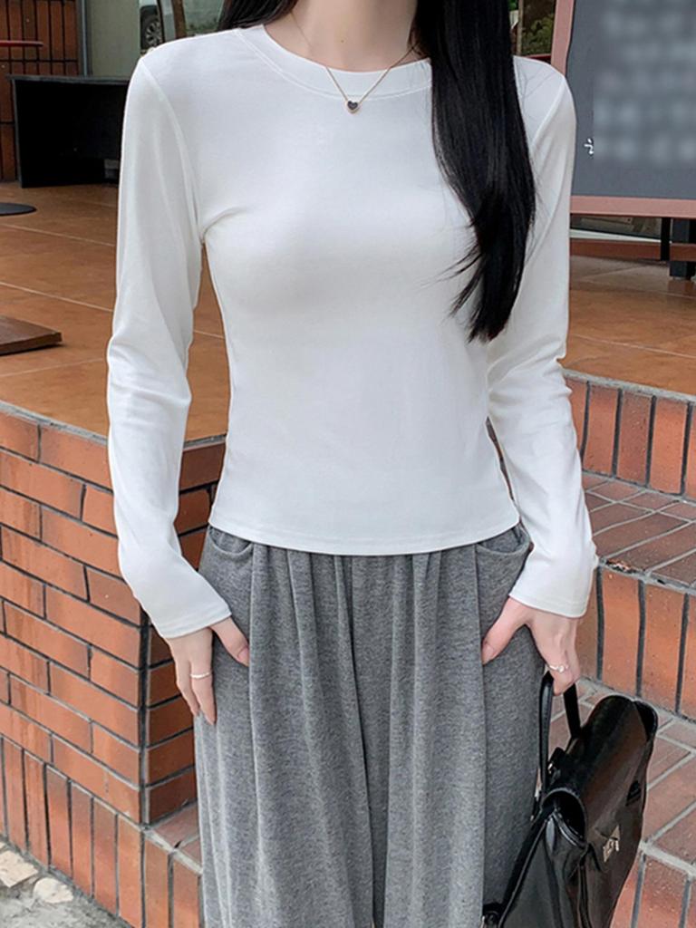 Women's Slim Fit Fleece-Lined T-Shirt: Warm, Fashionable, Round Neck, Long Sleeve, Waist-Cinching Base Layer for Autumn and Winter.