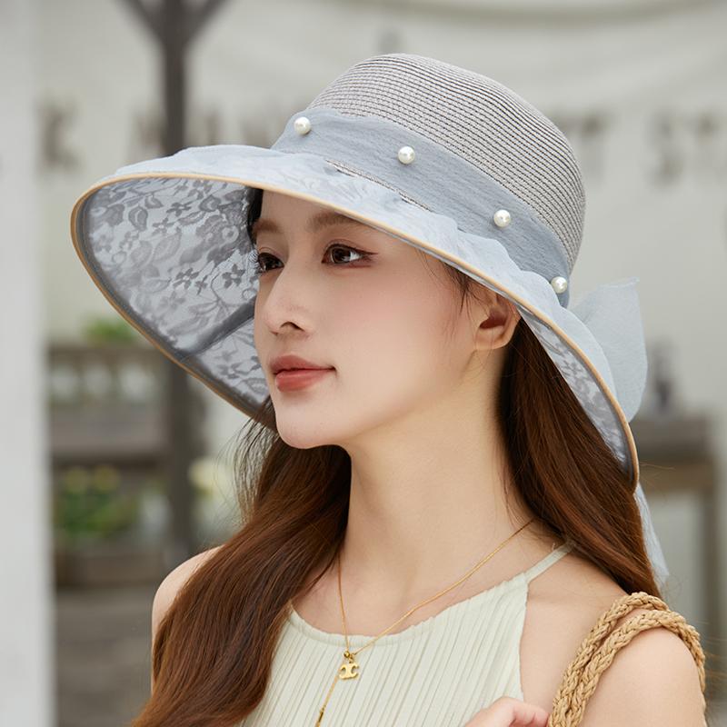2026 New Fashion Elegant Pearl Bow Fisherman Hat Wide Brim Church Hat For Women Foldable Summer Beach Protection Sun Cap