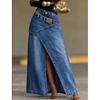 Washed Denim Maxi Skirt High Waist Asymmetric Front Slit Long Jean Skirt Irregular Patch Women Casual Split Denim Long Skirt