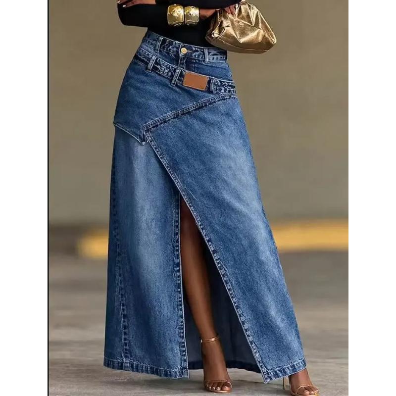 Washed Denim Maxi Skirt High Waist Asymmetric Front Slit Long Jean Skirt Irregular Patch Women Casual Split Denim Long Skirt