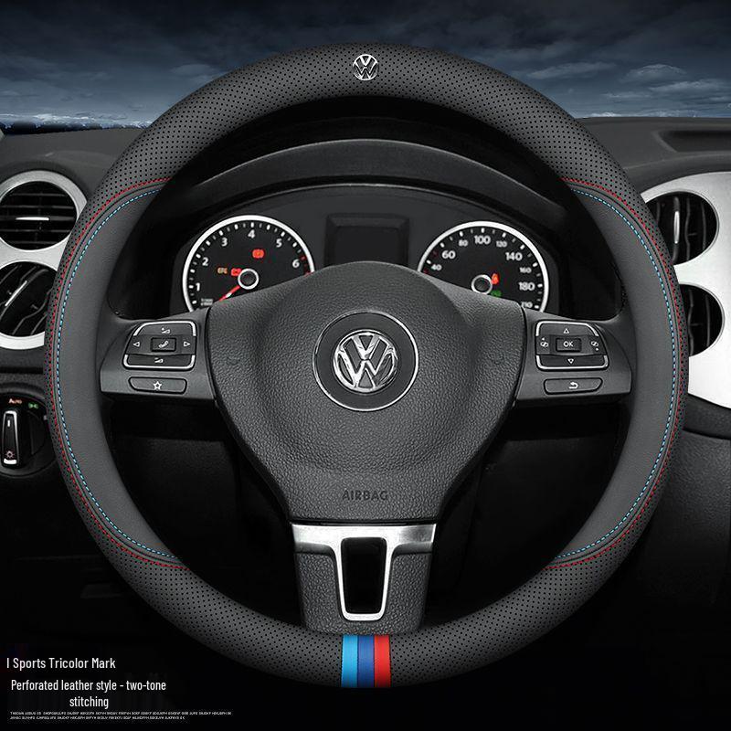 Volkswagen Steering Wheel Cover for Lavida, Bora, Sagitar, Magotan, Santana, Lamando, Tiguan L, Tayron - Four Seasons Genuine Leather.