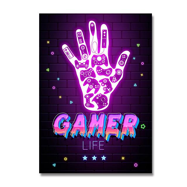 Neon Style Art Retro 80S Gaming Qoutes Posters on The Wall Gamer Gamepad Canvas Painting Boy Game Room Decoration