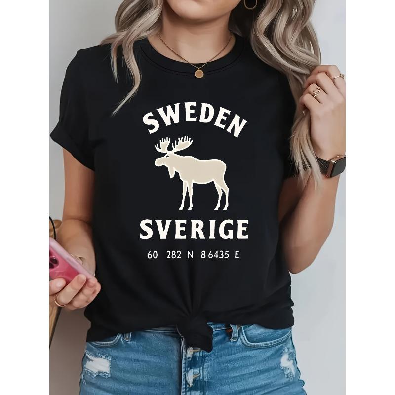 

Plus Size, SWEDEN SVERIGE Graphic Print Plus Size Women s T-shirt, Short Sleeve Crew Neck Casual Top for Summer & Spring, Women s Clothing S чёрный