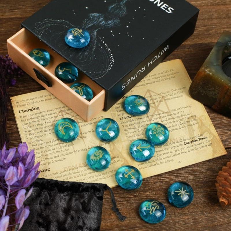 13Pcs Glass Runes Stone Irregular Divination Runes Stone with Instruction and Storage Bag Heal Gift Decoration