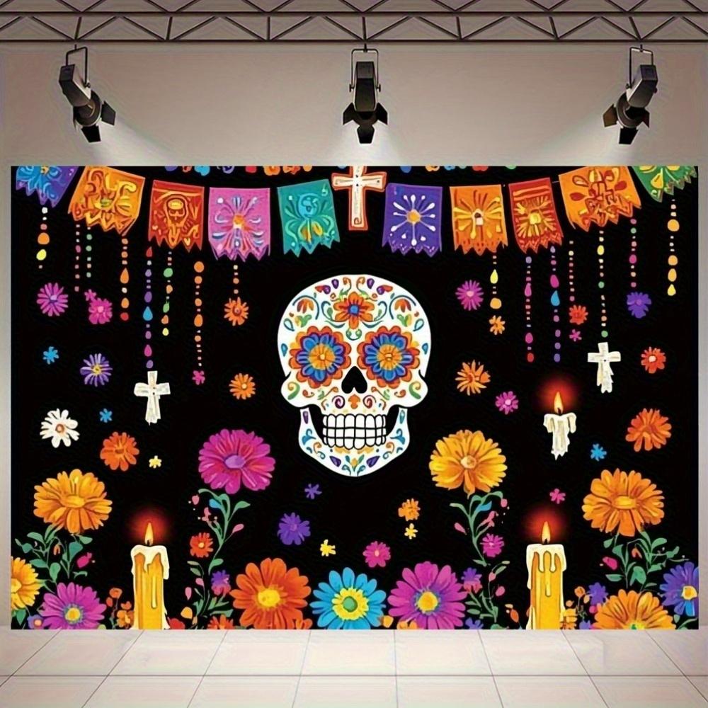 A day of dead sugar skull polyester background - vibrant floral design and cross, Mexican party decoration