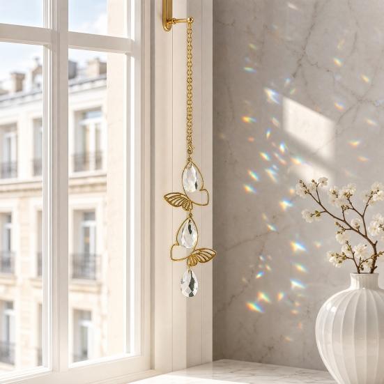 Sun Catcher Butterfly Crystal Hanging Ornament Iron Metal Frame with Gold-Plated Finish Light