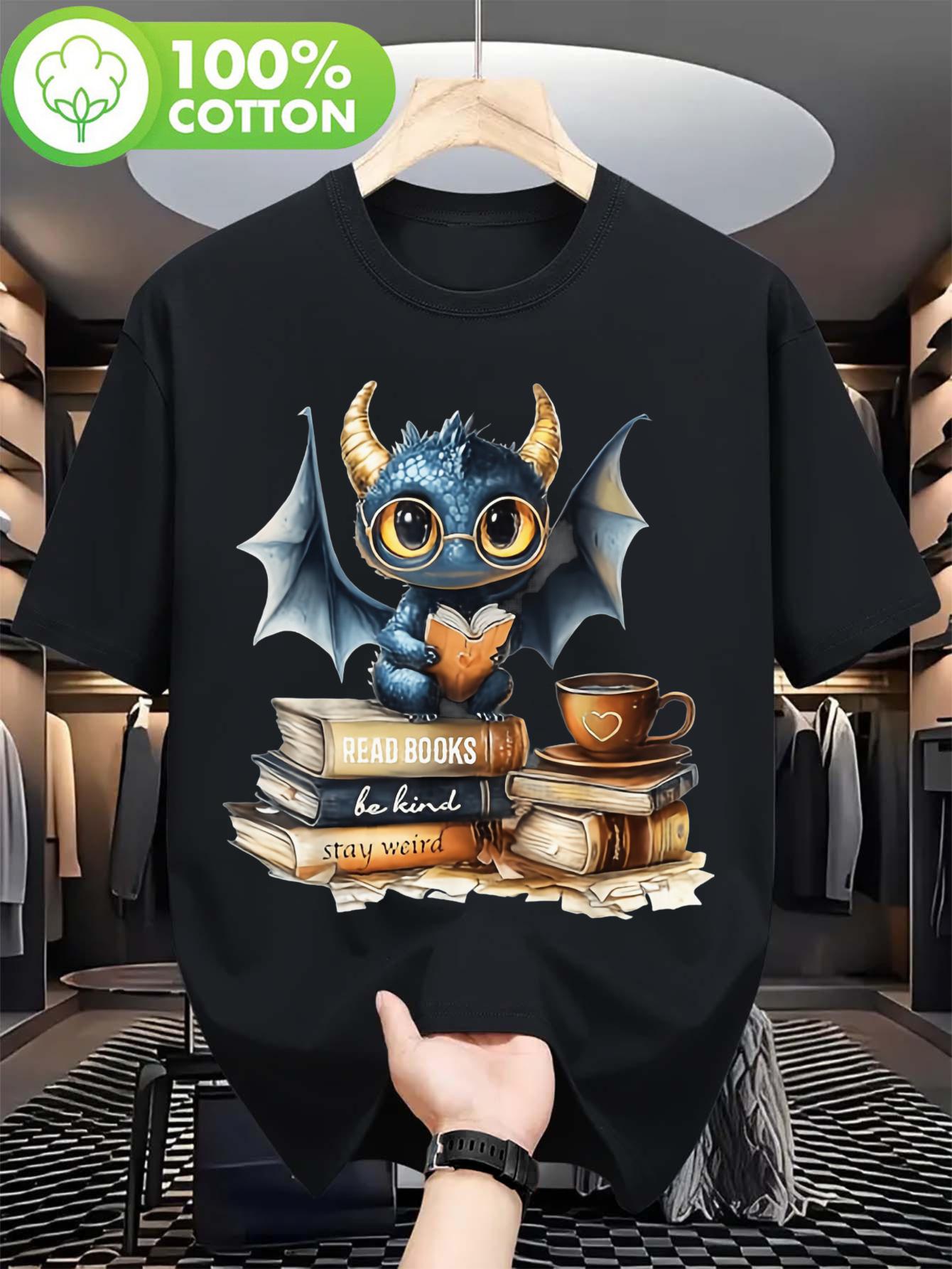 Plus Size Black T-shirt with Cute Blue Dragon Reading Books Graphic - Read Books XXL