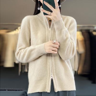 Herbst/Winter-Cardigan aus 100 % reiner Wolle für Damen, Stehkragen, Reißverschluss, lockere, lange Ärmel, warmer Kaschmir-Strick-Pullover-Mantel