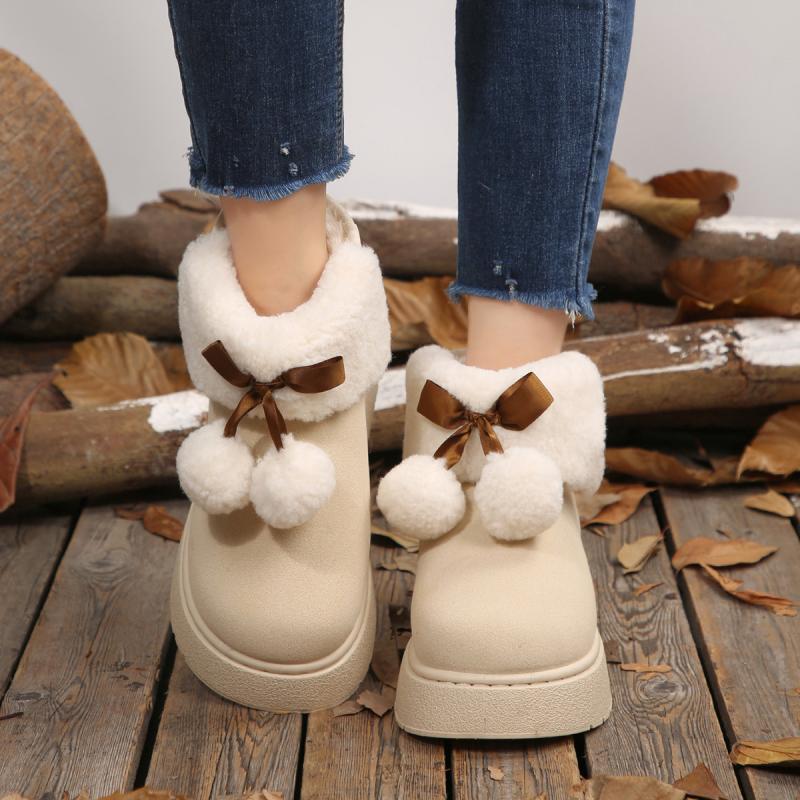 Soft Thick Bottom Furry Snow Boots Women 2025 Winter Chunky Platform Fluffy Fur Ankle Boots Cute Plush Ball Bowknot Cotton Shoes
