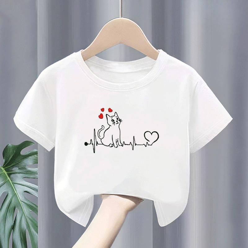Kids Crewneck Tee, Cat Electrocardiogram Print Soft Short Sleeve Top for Home Outing Vacation 110 белый