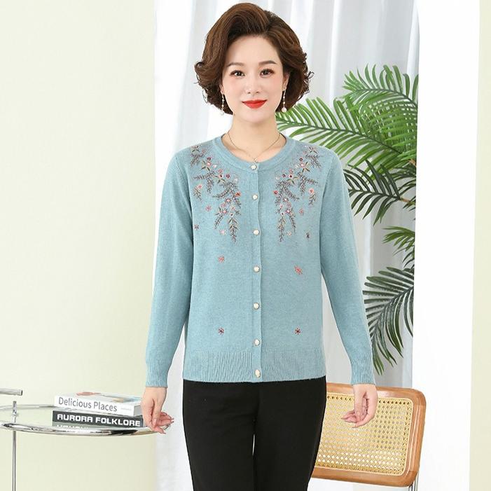 Women's Crew Neck Wool Cardigan Autumn/Winter Loose Fit with Rhinestone Embroidery Knit Cardigan Top