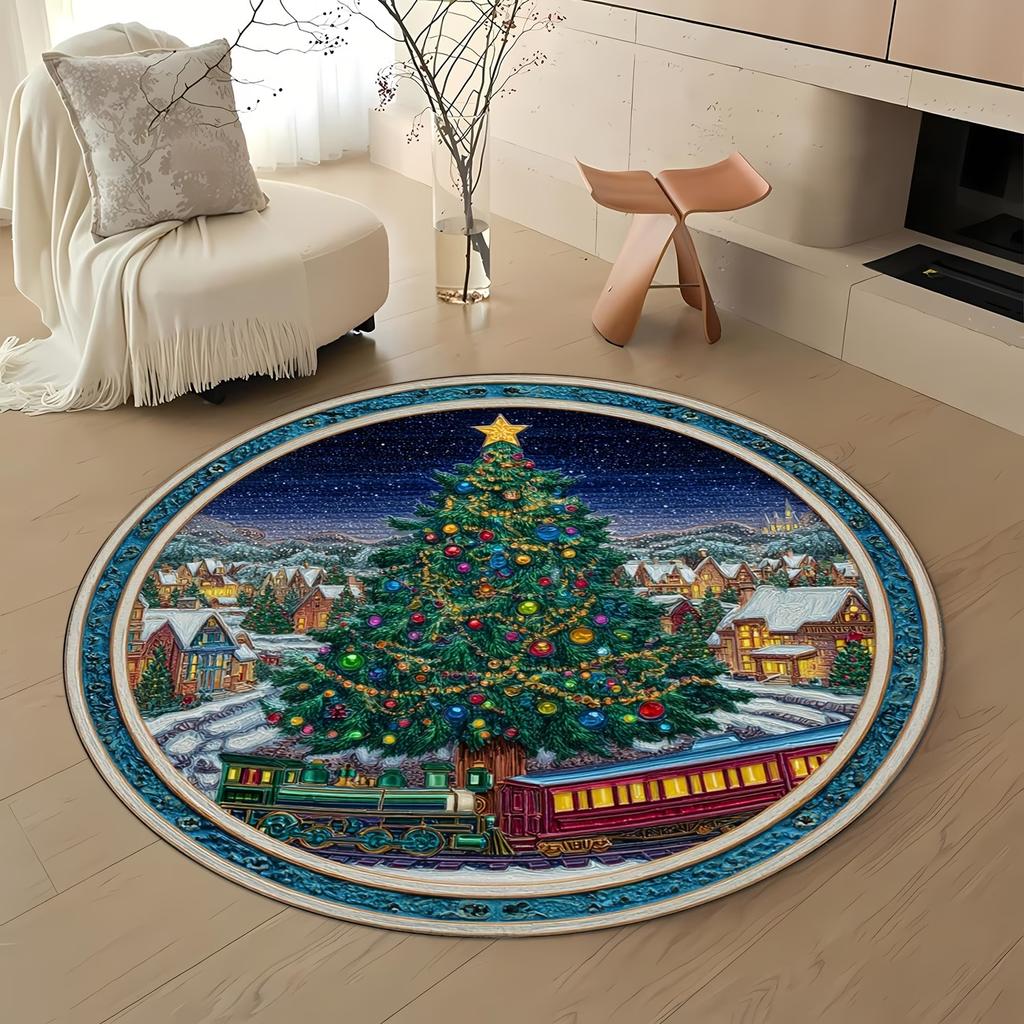 Christmas Area Rugs Giant Tree Train Snowy Village Living Room Sofa Side Dining Room Festive Home Decor Carpet Floor Mat