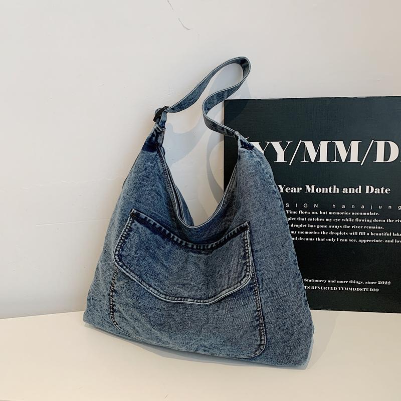 

Large Capacity Denim Bag Women s Retro Shoulder Crossbody Bag Commuter Tote Bag синій