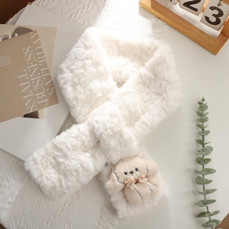 Puppy bow plush scarf female rounded corner embossed girl autumn and winter scarf Korean version student warm neck cover scarf