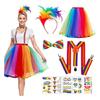 Clown Kostüm Set Feder Stirnband Regenbogen Tutu Rock Handschuhe Socken Hosenträger Fliege Zirkus Outfit Halloween Kostüm