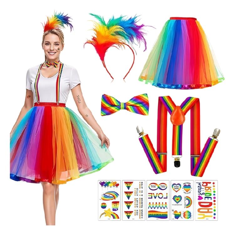 Clown Kostüm Set Feder Stirnband Regenbogen Tutu Rock Handschuhe Socken Hosenträger Fliege Zirkus Outfit Halloween Kostüm