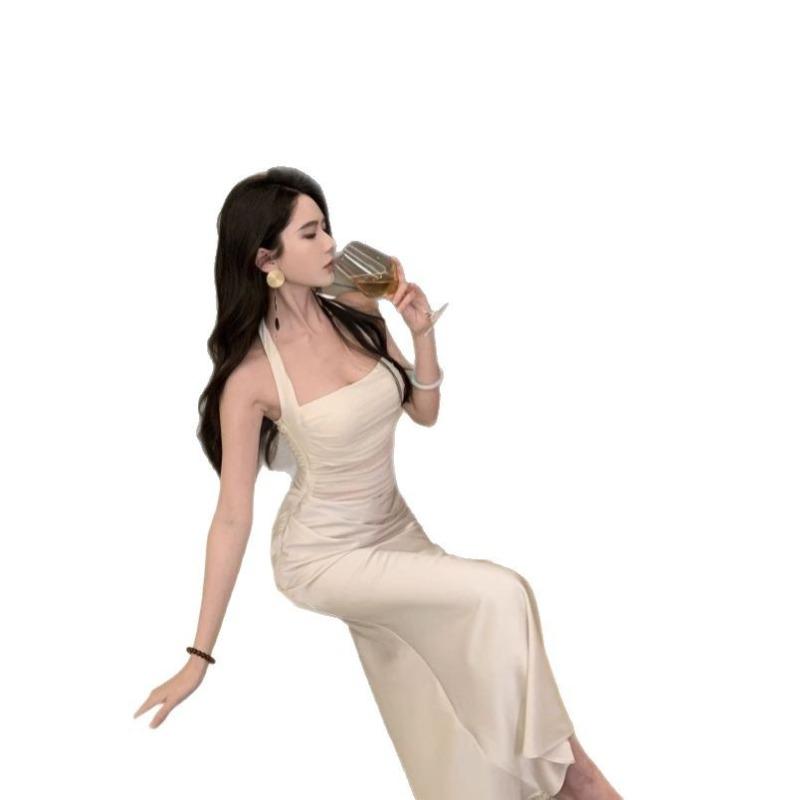 Summer New Mesh Satin Splicing Neck Dress Women's Waist and Thin Hip Dress Suspender Skirt
