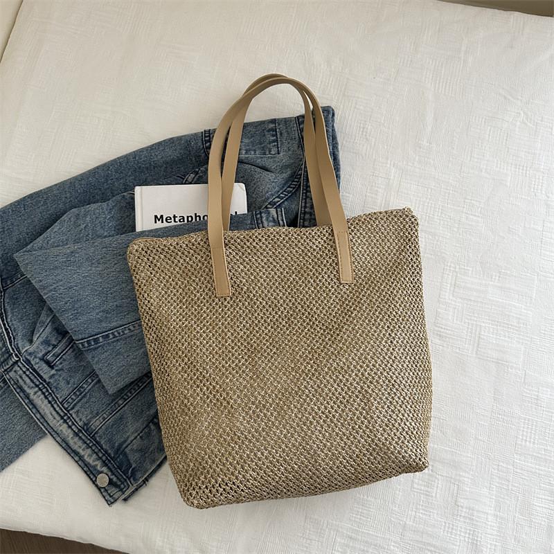 

Trendy Street Style Woven Beach Bag In Khaki And Cream For Everyday Use Khaki