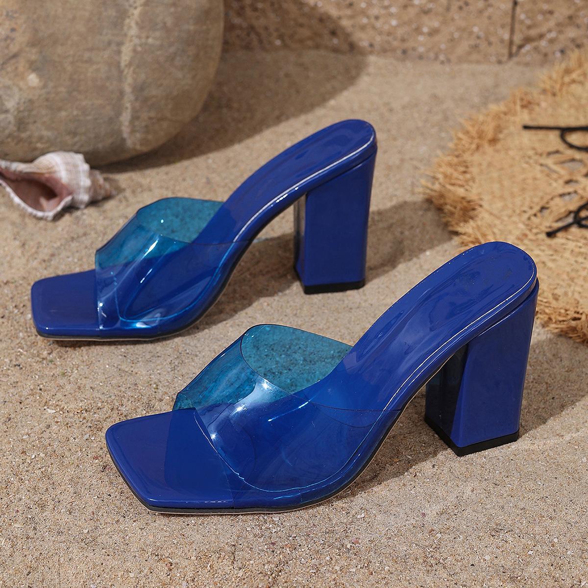 

2025 large size outer wear square head fashion thick heel open toe high heels cool slippers women s shoes temperament versatile 42 синій