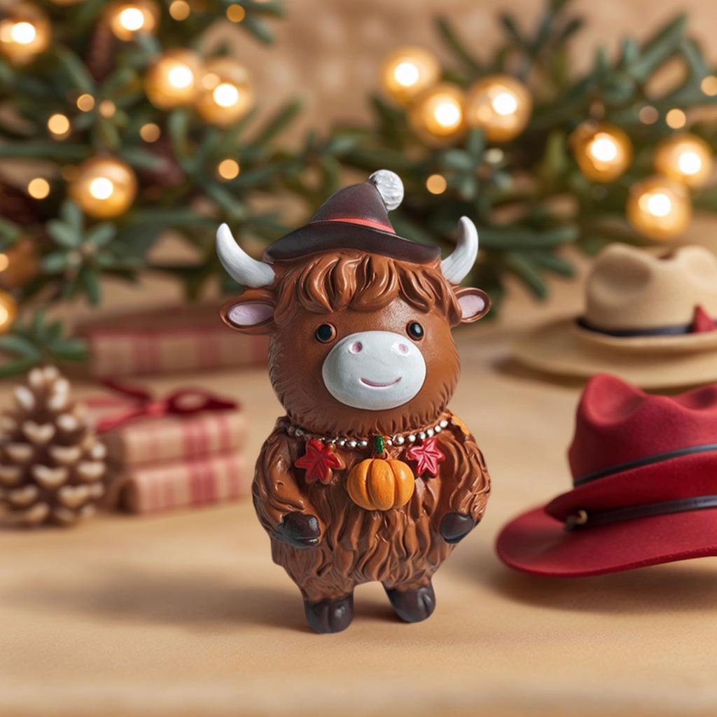 Söt Highland Cow Figurin med Tomtemössa Highland Kalv Skrivbordsdekoration Härlig Juldekoration Gåva för Trädgård Bord Hylla