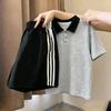 Girls' Trendy Patchwork Lapel T-Shirt & Polo Set - Short-Sleeve, Medium/Large, Versatile Two-Piece Summer Outfit