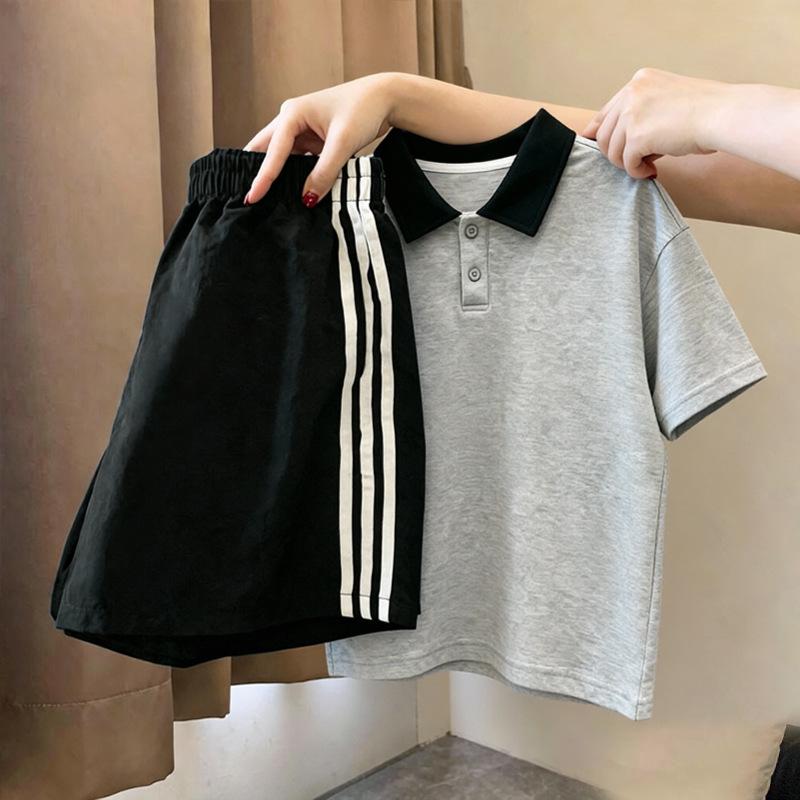Girls' Trendy Patchwork Lapel T-Shirt & Polo Set - Short-Sleeve, Medium/Large, Versatile Two-Piece Summer Outfit