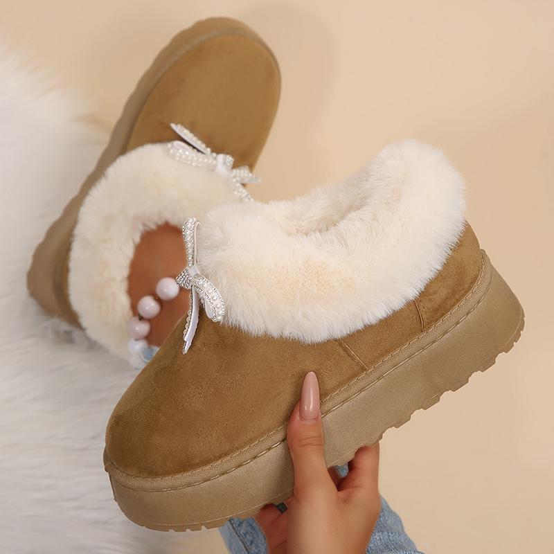 Crystal Bowknot Faux Fur Snow Boots Women Winter Warm Thicken Plush Platform Ankle Boots Woman Non Slip Thick Sole Cotton Shoes