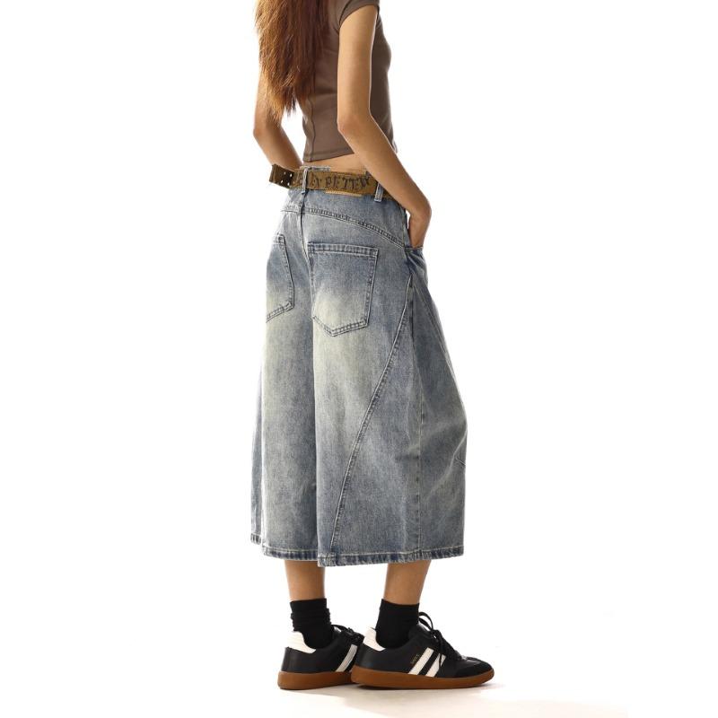 Dámské volné široké džínové culottes Vintage prané volné zkrácené džíny