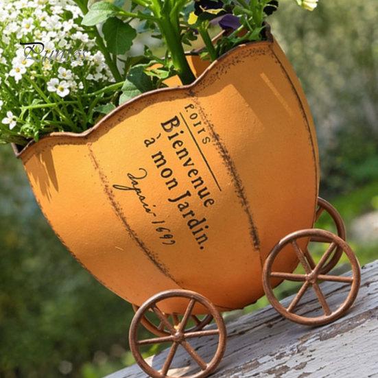 Room Decoration Pot Retro Pumpkin Cart Planter, Decorative Metal Flowerpot with Drainage Hole, Stylish Succulents Pots Plant for Indoor Outdoor