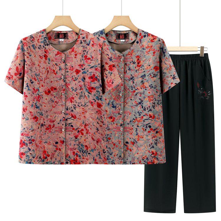 Grandma s Summer Ice Silk Short Sleeve Shirt Suit 4XL вино красного