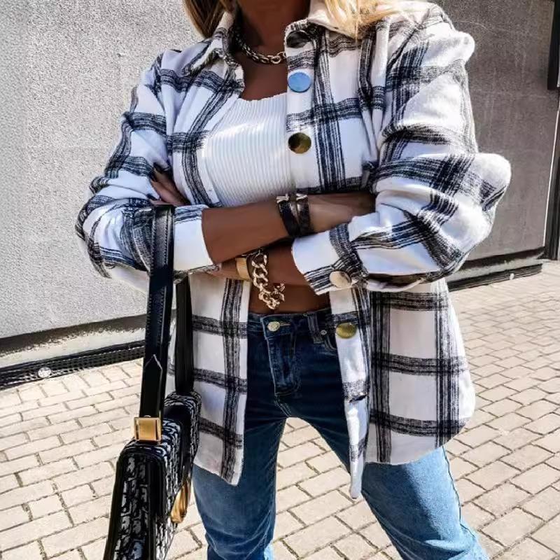 Autumn and Winter Loose Casual Retro Plaid Long Sleeved Shirt Jacket for Women