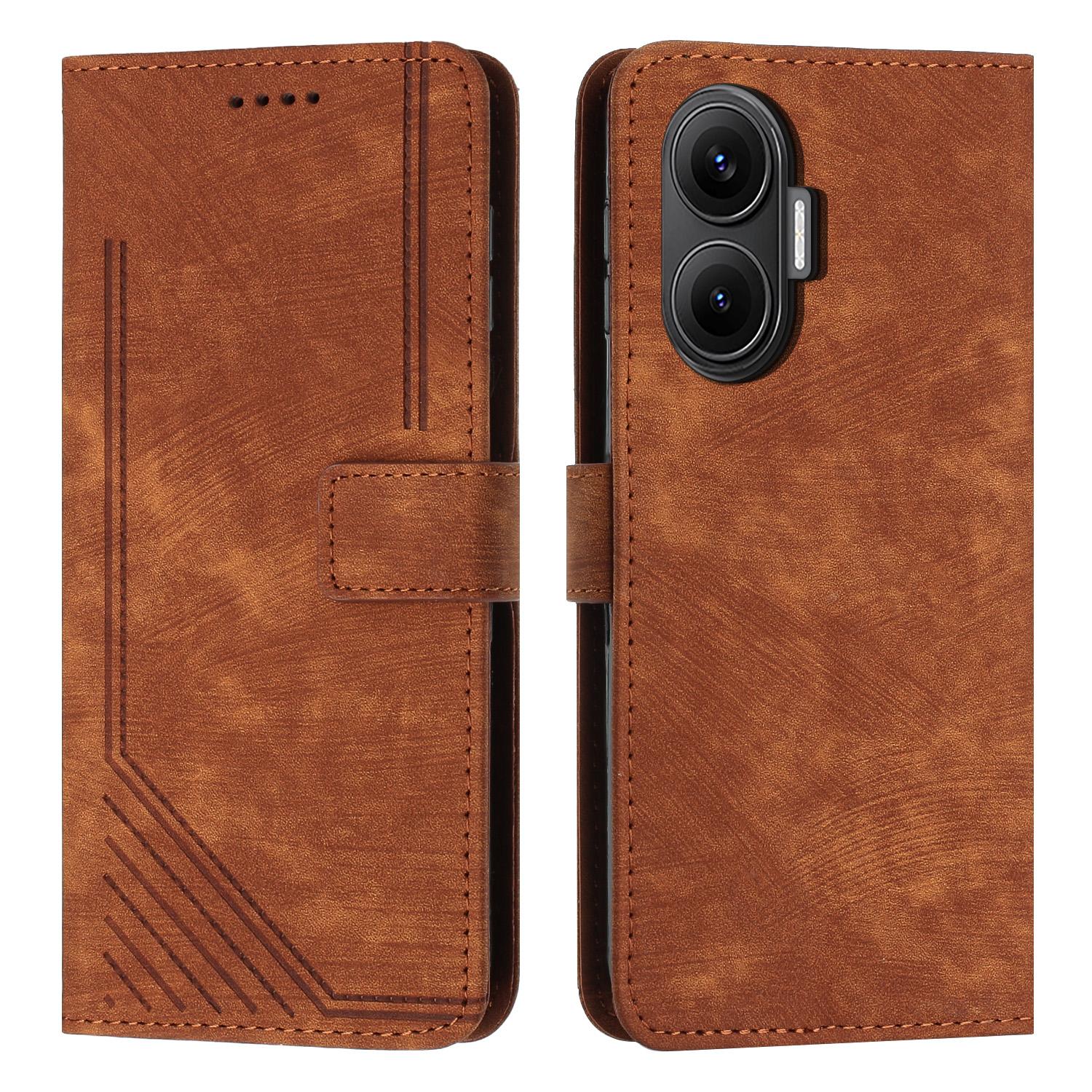 

For Xiaomi Redmi Turbo 4 Pro 5G/Xiaomi Poco F7 5G Stand Case Imprinted Lines Leather Phone Cover Brown