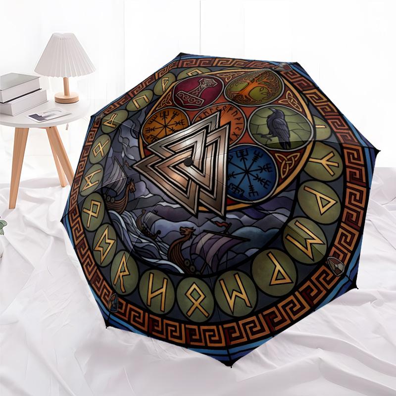 Norse Symbolism pattern umbrella, portable and foldable design, 8 ribs, a casual accessory for Halloween, Christmas, and birthday gifts.