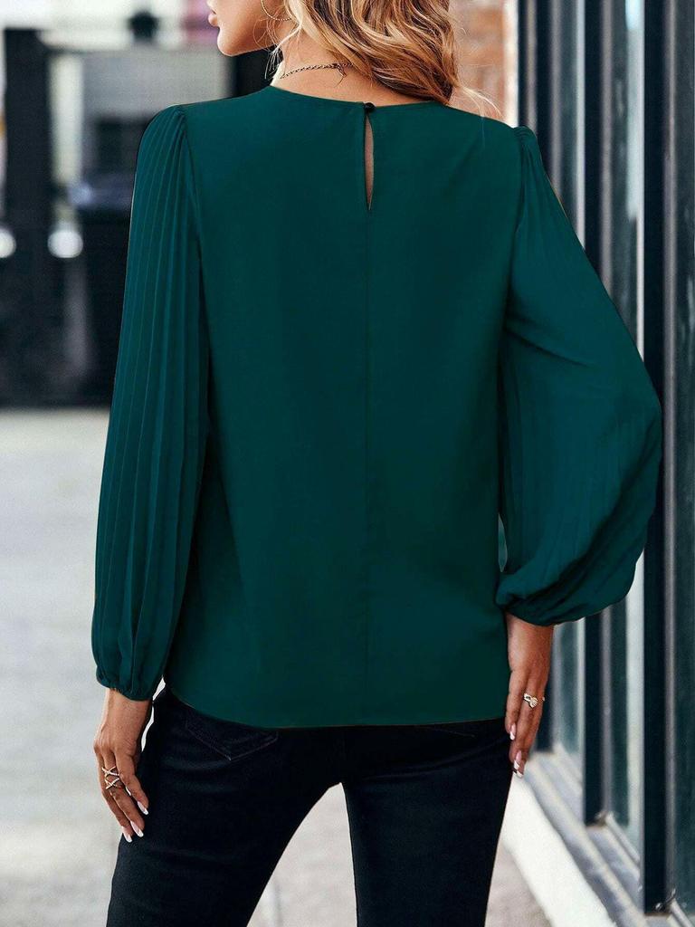 2024 Spring & Autumn Women's Retro Pleated Long-Sleeve Round Neck Shirt - Casual Solid Color Top