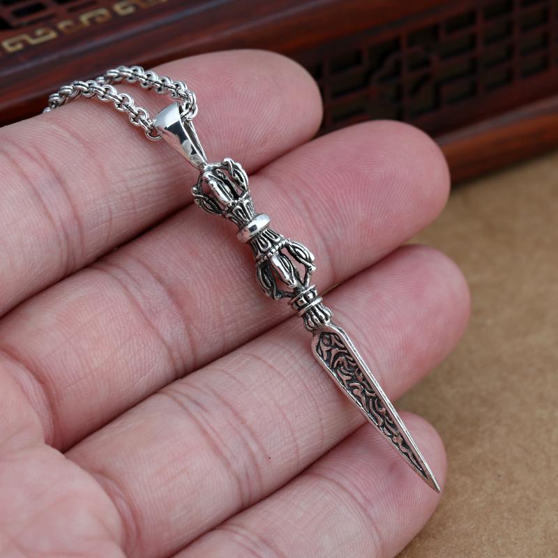 Retro S925 Sterling Silver Vajra Triangle Pendant for Men and Women