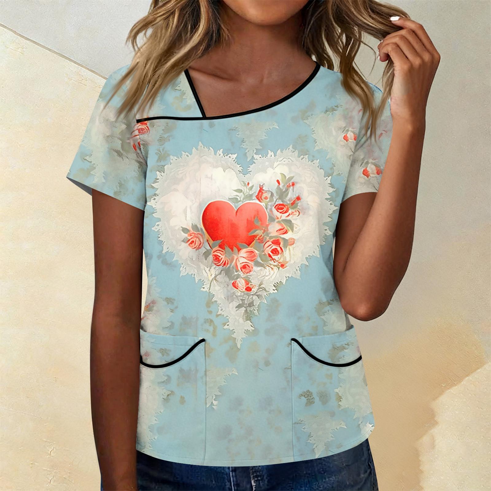 

Women s Printed Work Clothes With Skew Collar And Double Layer Pocket Basic Tops Pullover XL кавун червоний колір