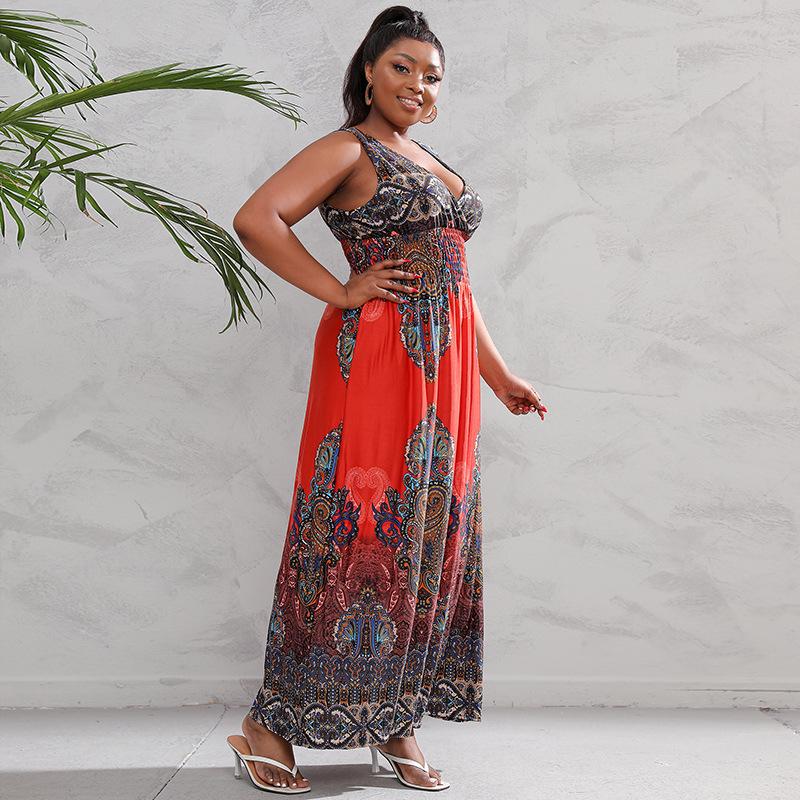 Letní dámské šaty nadměrných velikostí Dlouhé šaty s bohémským potiskem