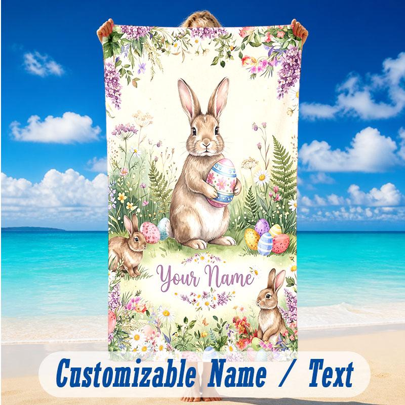 Easter Bunny Theme Beach Towel Personalized Custom Name & Text Soft Quick Dry Beach Towel for Swimming Travel