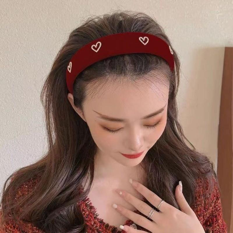 Retro Wide-brimmed Flocking Sponge Headband for Women Rhinestone Heart Headband Fashion Girls Face Washing Headband