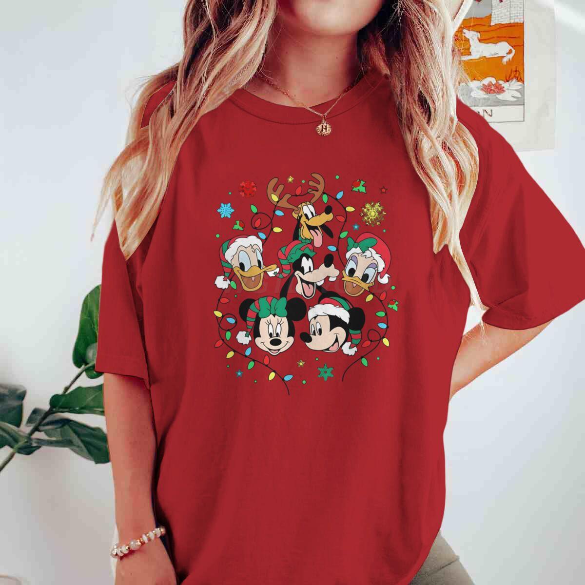 Merry Christmas Retro Mickey and Friends Cotton Tshirts for Unisex Women Christmas Lights Cartoon Tops Tees Xmas Gift Tshirts S