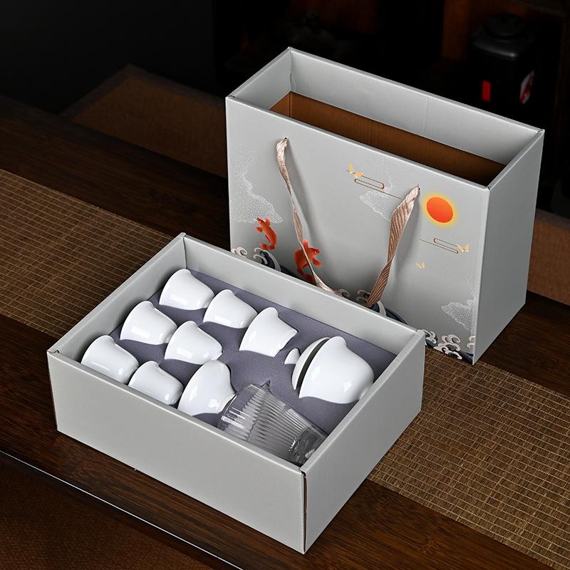 Suet Jade Kung Fu Tea Set, a Complete Set of Household Ceramic Cover Bowls and Teacups, a Complete Set of White Porcelain