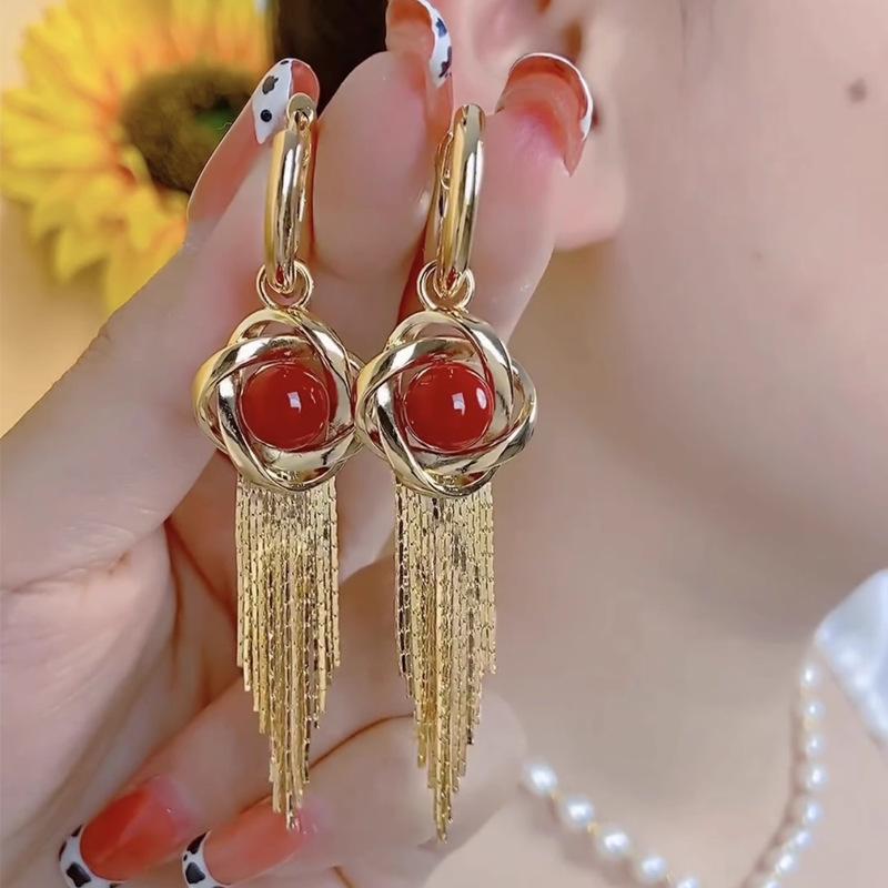 

New light luxury high-end red pearl earrings, fringed wrapped earrings for women, temperament retro ear buckle earrings