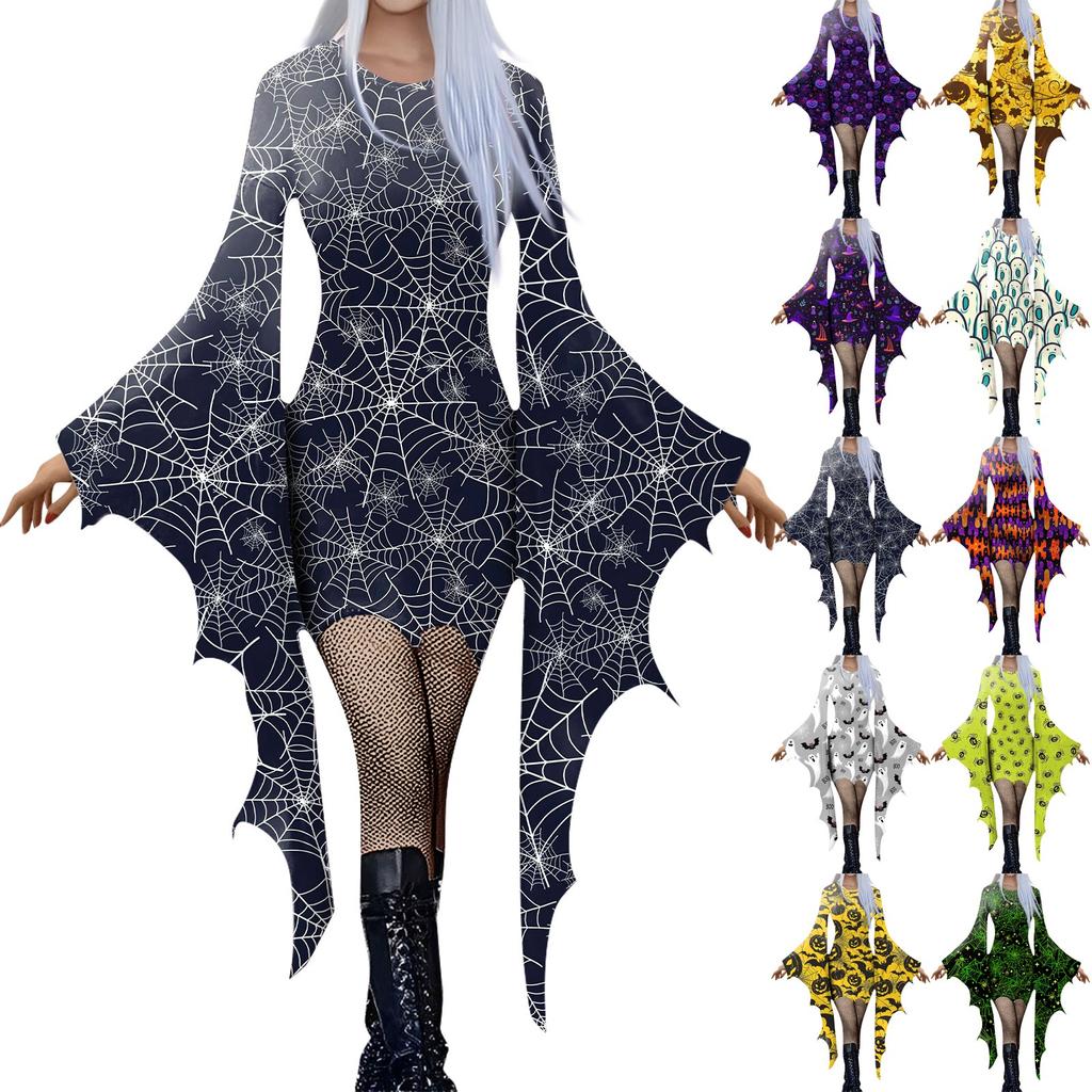 Women Fashion Gothic Punk Bat-Sleeve 3D Cute Halloween Print Irregular Party Dress