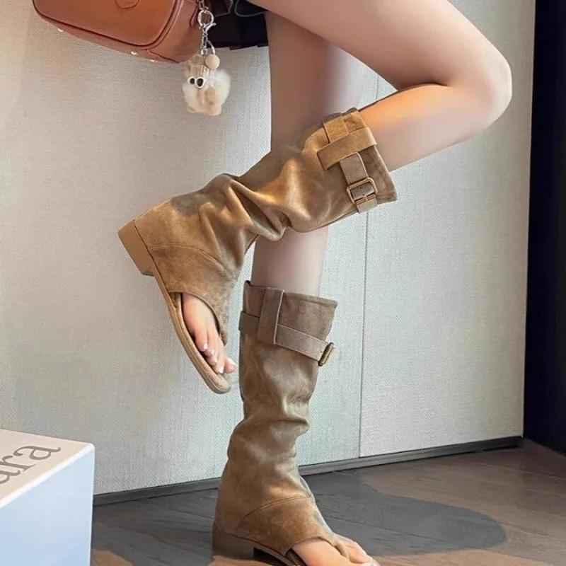 Fashion Summer Women Boots Open Toe Chunky Heel Sandals Knee-High Boots Flock Shoes for Women Low Heel Boots Belt Buckle Plus Size Shoes